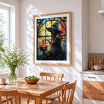 Stained glass witch cross stitch artwork displayed on wall as home decor