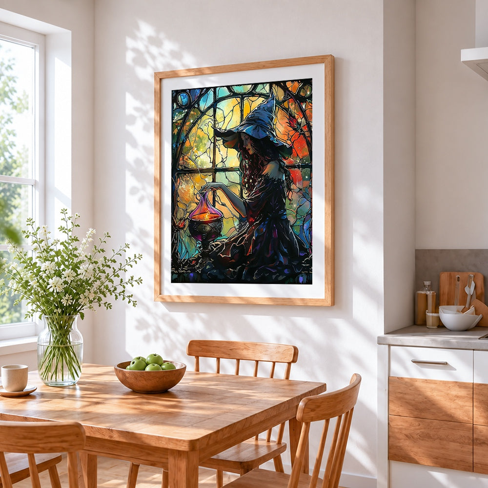 Stained glass witch cross stitch artwork displayed on wall as home decor