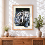 Finished stalking white tiger paint by numbers artwork displayed as home decor