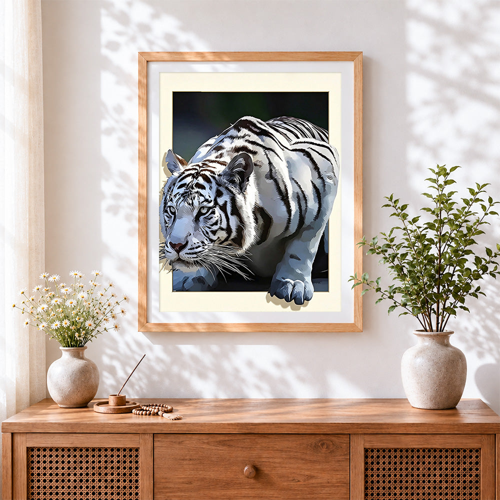 Finished stalking white tiger paint by numbers artwork displayed as home decor
