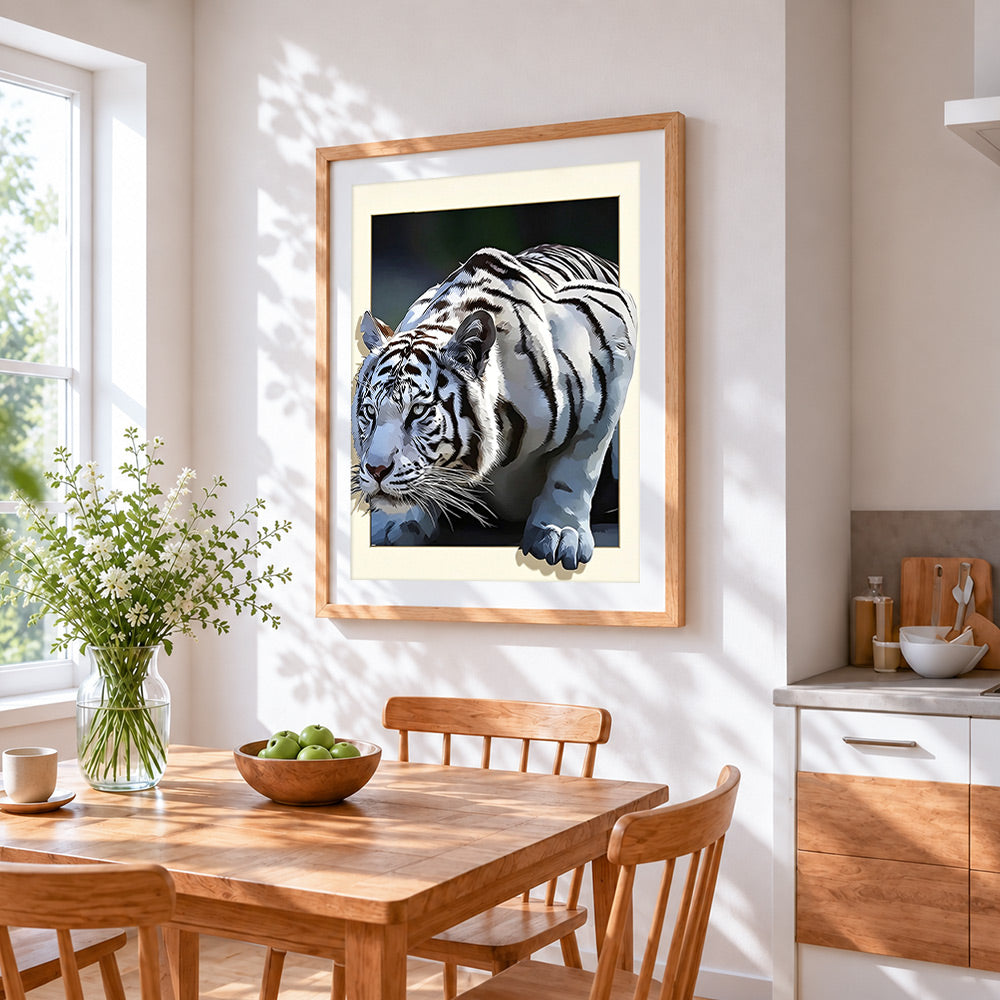 Stalking white tiger paint by numbers artwork displayed on wall as home decor