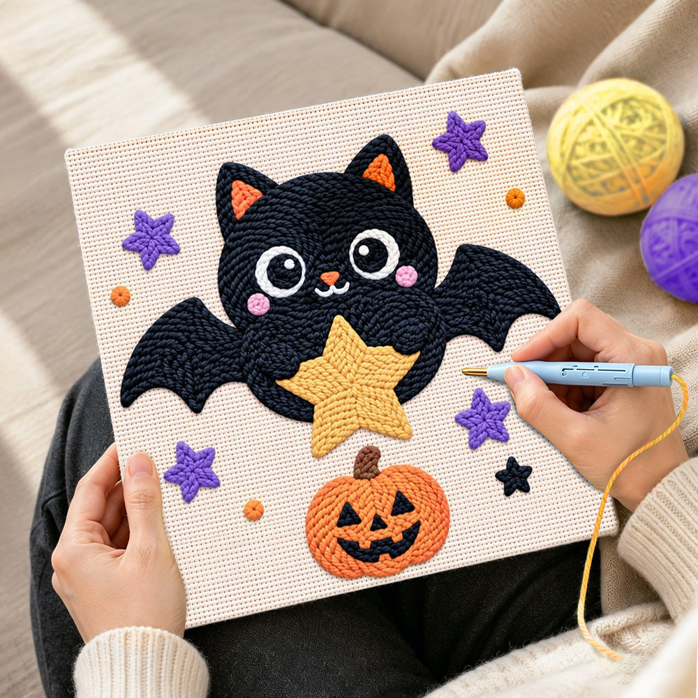 Creating handmade star‑holding bat punch needle artwork