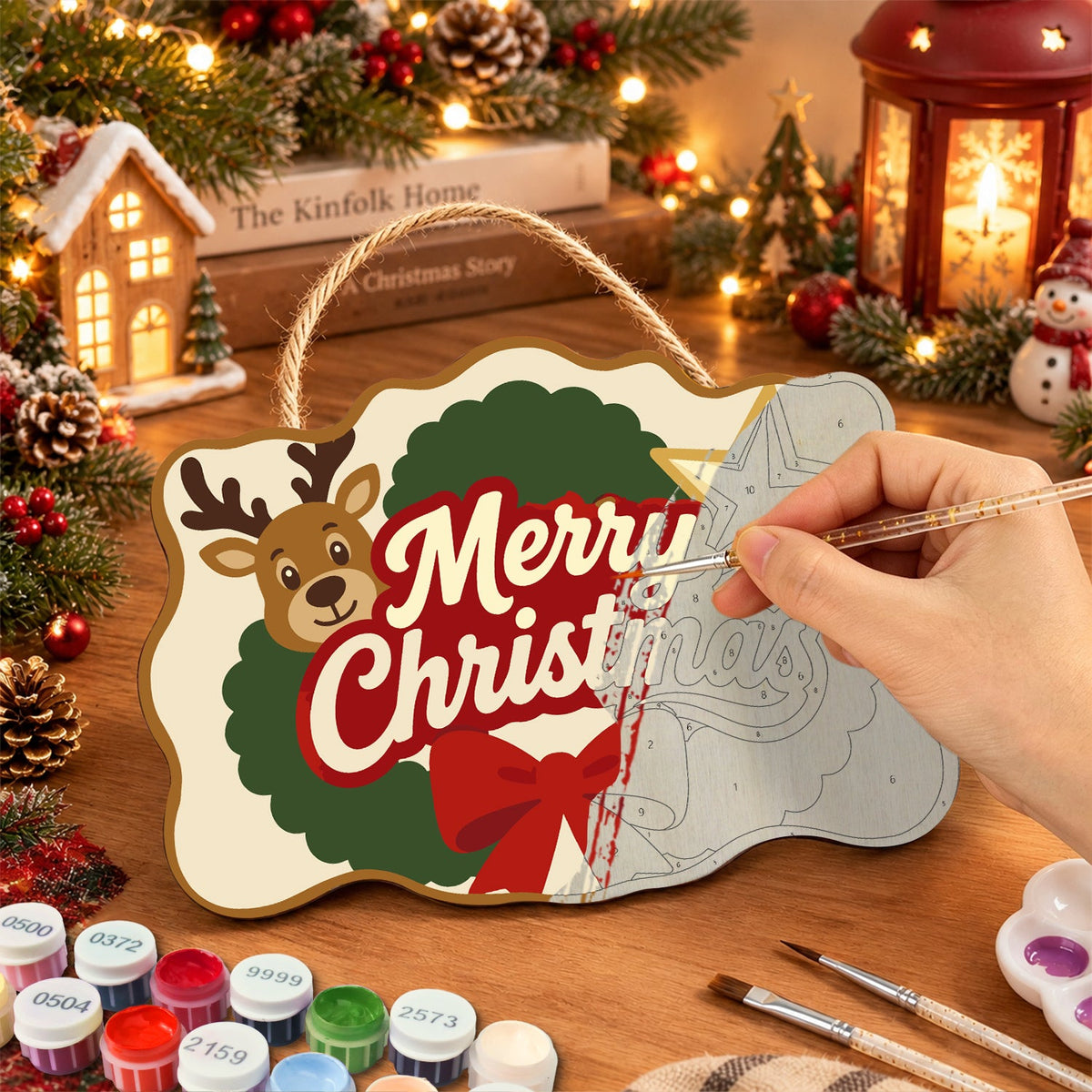 Star wreath reindeer paint by numbers door hanger painting process