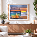 Finished starfish and beach in a wine glass paint by numbers artwork displayed as home decor