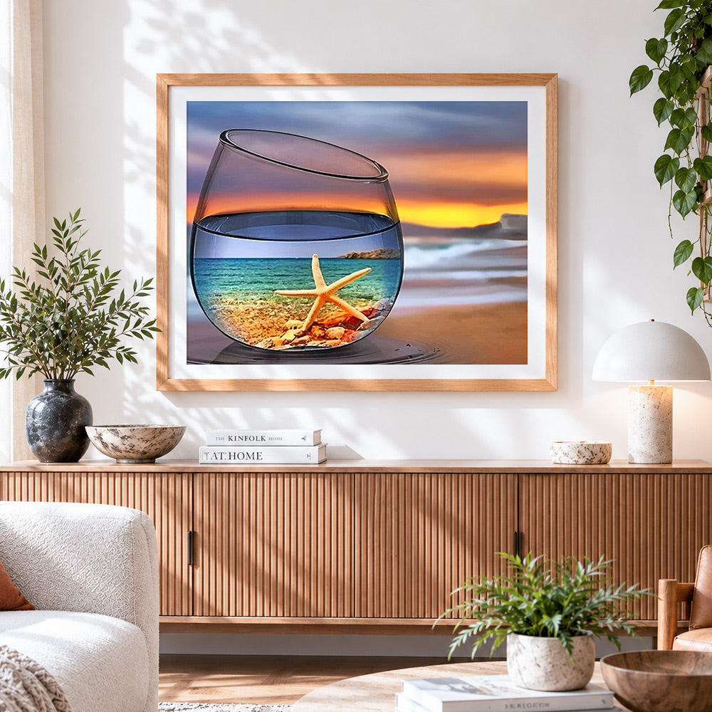 Finished starfish and beach in a wine glass paint by numbers artwork displayed as home decor