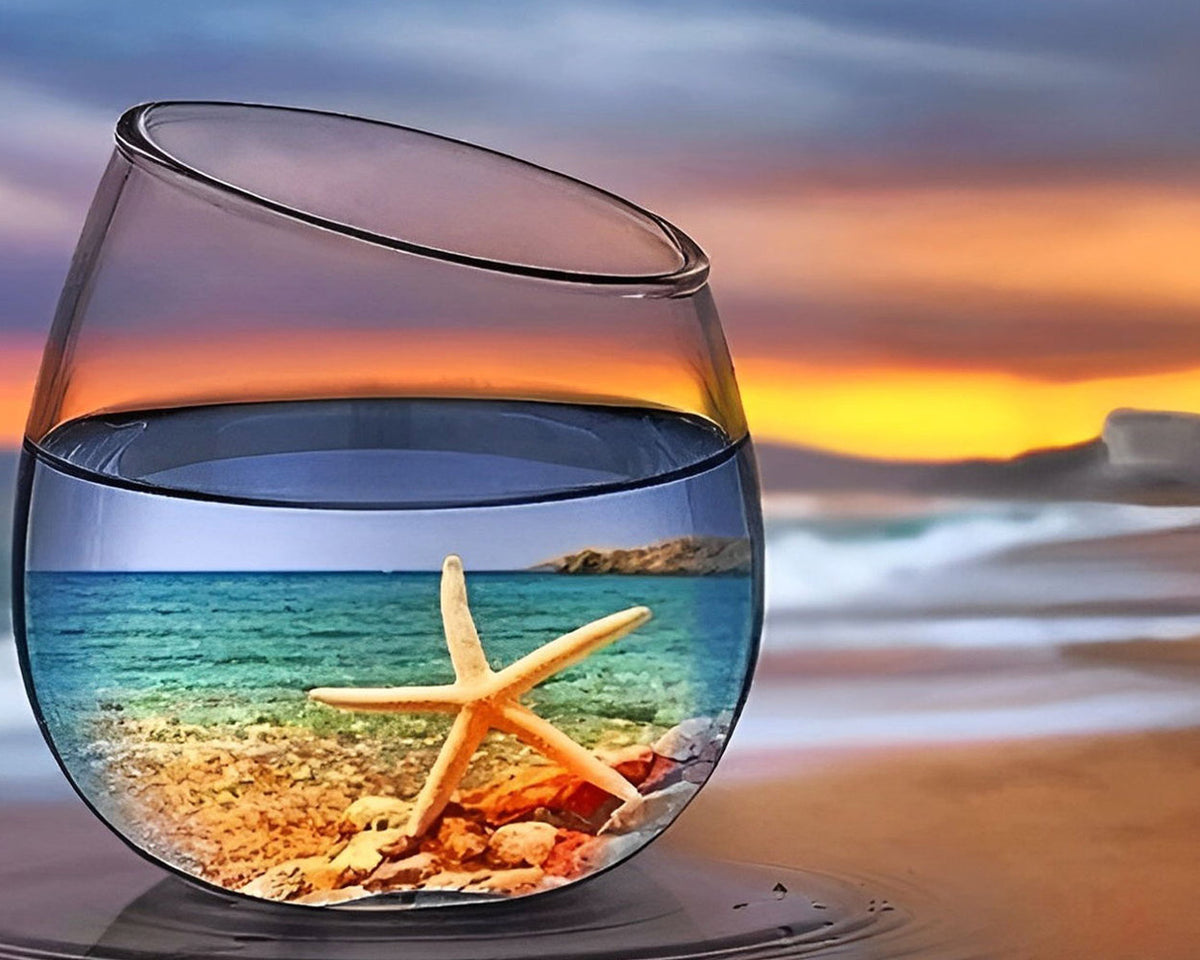 Starfish and beach in a wine glass paint by numbers kit for beginners