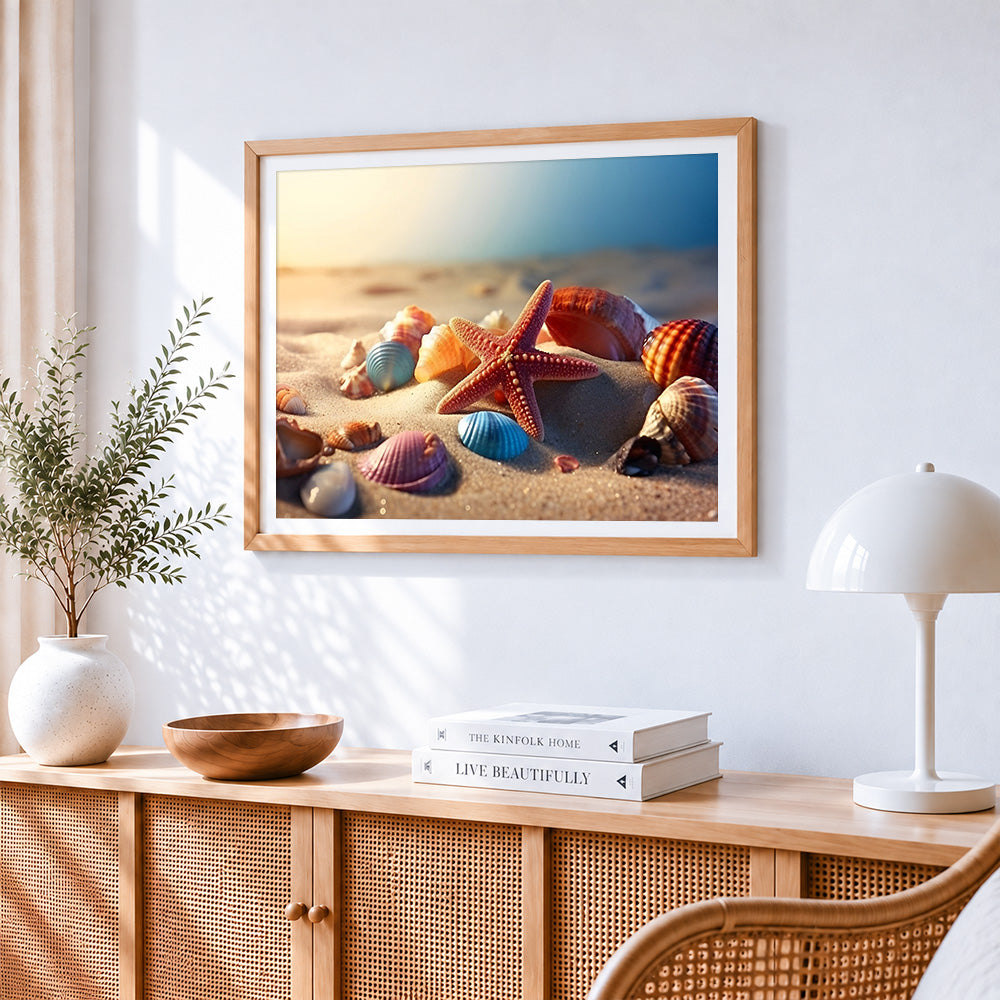 Starfish and seashells at sunset beach cross stitch artwork displayed on wall as home decor