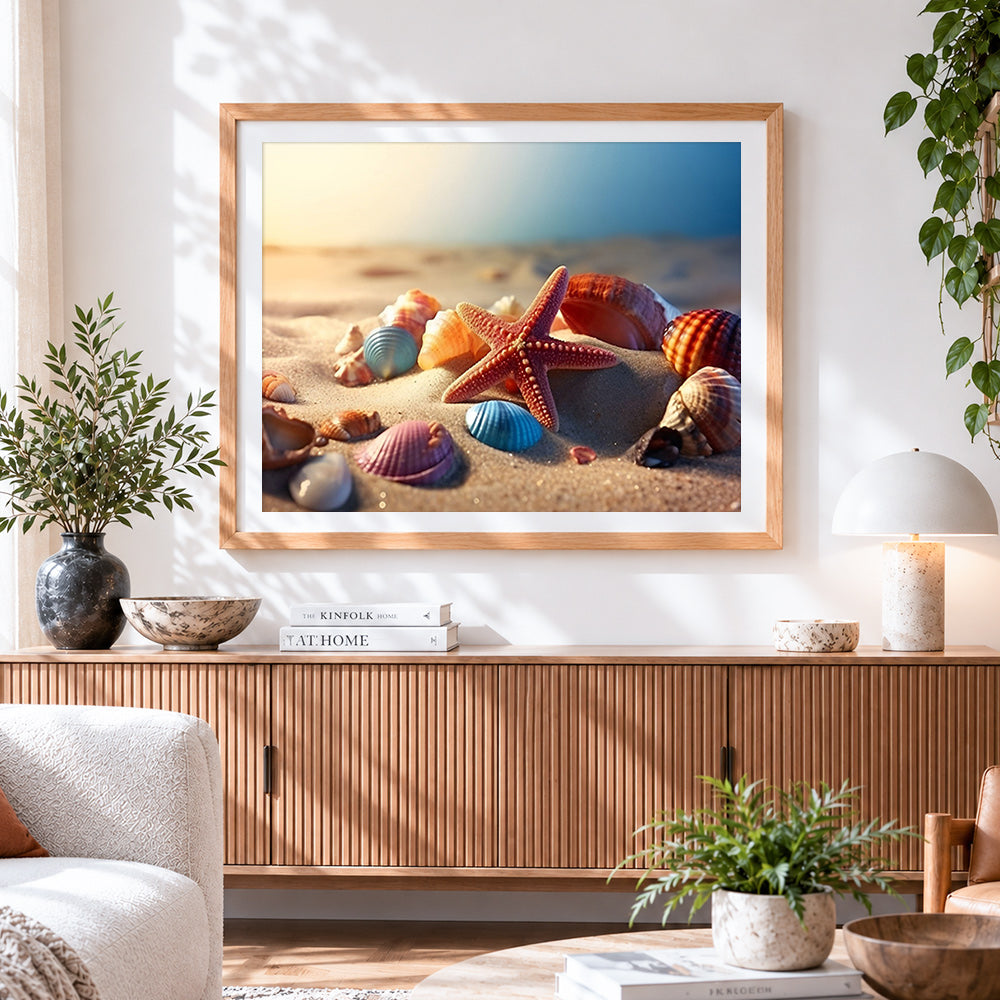 Finished starfish and seashells at sunset beach paint by numbers artwork displayed as home decor