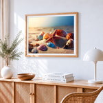 Starfish and seashells at sunset beach paint by numbers artwork displayed on wall as home decor