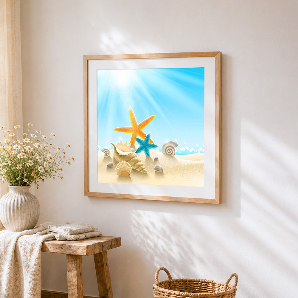 Starfish and seashells on a sunny beach cross stitch artwork displayed on wall as home decor