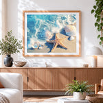 Finished starfish and seashells on beach paint by numbers artwork displayed as home decor