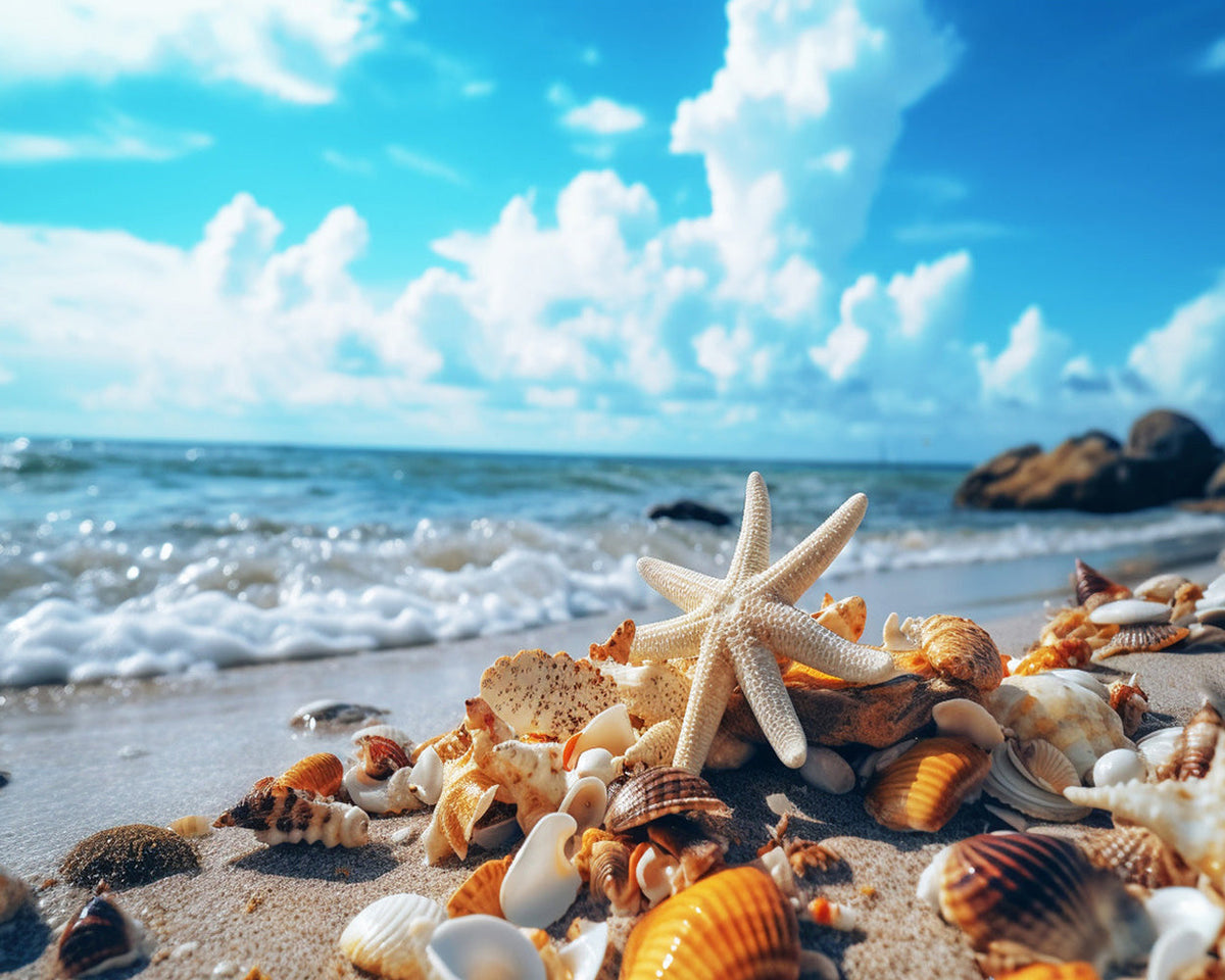 Starfish and shells on sandy beach cross stitch kit for beginners