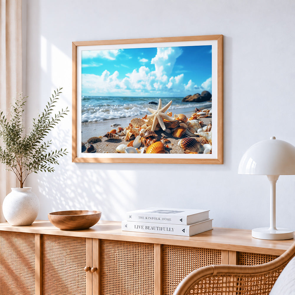 Starfish and shells on sandy beach cross stitch artwork displayed on wall as home decor