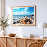 Starfish and shells on sandy beach paint by numbers artwork displayed on wall as home decor
