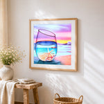 Starfish and sunset in a wine glass paint by numbers artwork displayed on wall as home decor