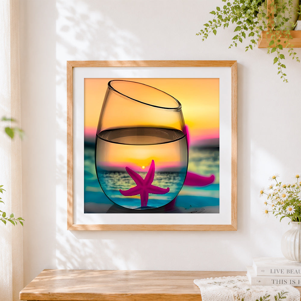 Finished starfish in glass with sunset] cross stitch artwork displayed