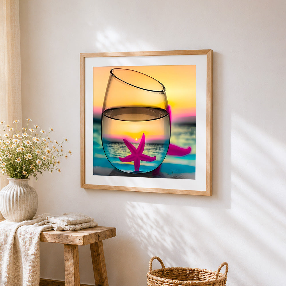 Starfish in glass with sunset cross stitch artwork displayed on wall as home decor