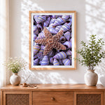 Finished starfish on purple striped shells cross stitch artwork displayed