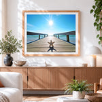 Finished starfish on sunlit pier paint by numbers artwork displayed as home decor