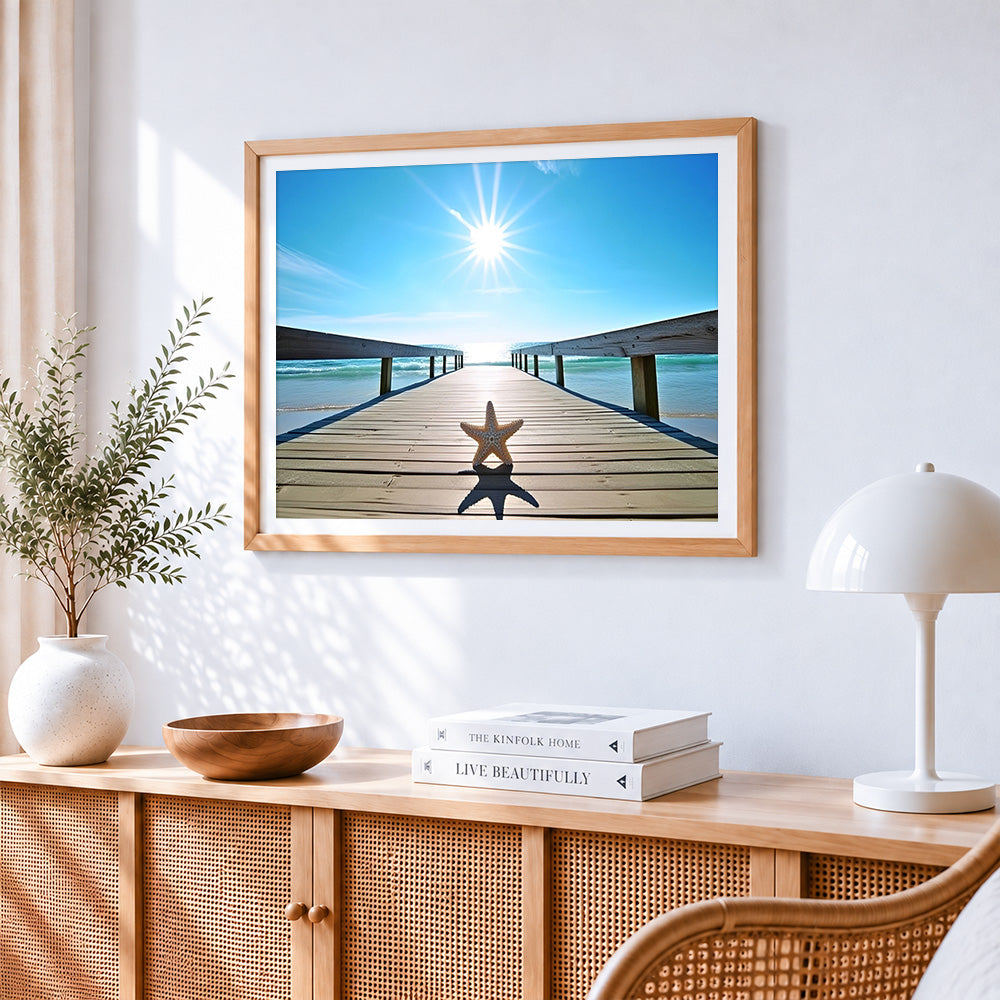 Starfish on sunlit pier paint by numbers artwork displayed on wall as home decor