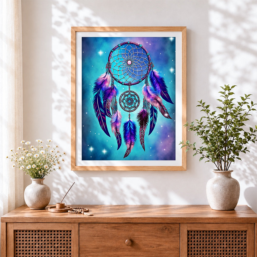 Finished starlight dreamcatcher cross stitch artwork displayed