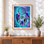Finished starlight dreamcatcher cross stitch artwork displayed