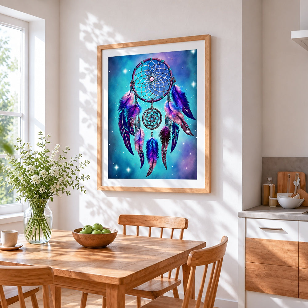Starlight dreamcatcher cross stitch artwork displayed on wall as home decor