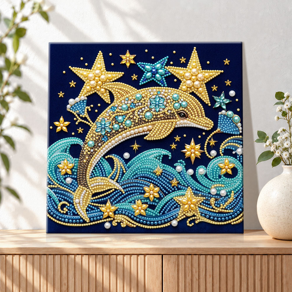 Finished starlight ocean dolphin pearl diamond painting artwork displayed as holiday home decor