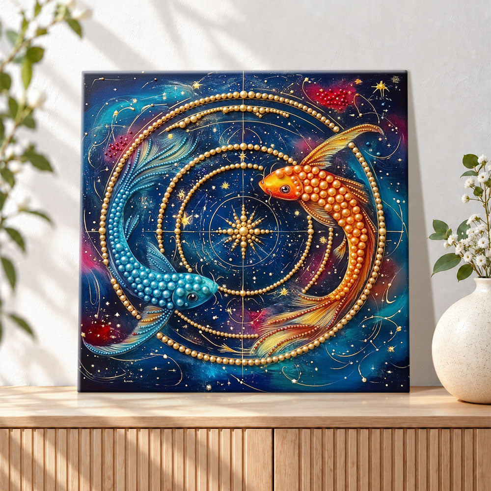Finished starlight twin koi pearl diamond painting artwork displayed as holiday home decor