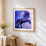 Starlight unicorn in a cosmic sky cross stitch artwork displayed on wall as home decor