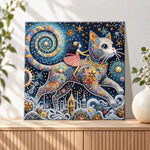 Finished starry cat and little girl pearl diamond painting artwork displayed as holiday home decor