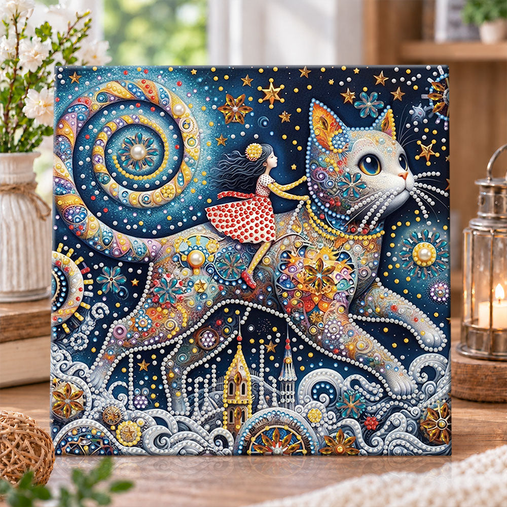 Starry cat and little girl pearl diamond painting kit for beginners