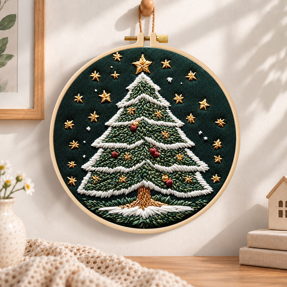 Starry christmas tree embroidery hoop wall art displayed as warm and cosy handmade home decor