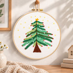 Starry christmas tree with stars embroidery hoop wall art displayed as warm and cosy handmade home decor