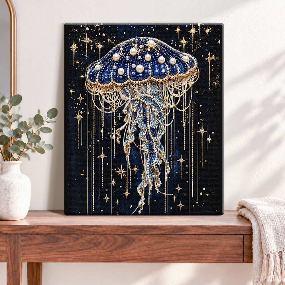 Finished starry deep sea jellyfish pearl diamond painting artwork displayed as home decor