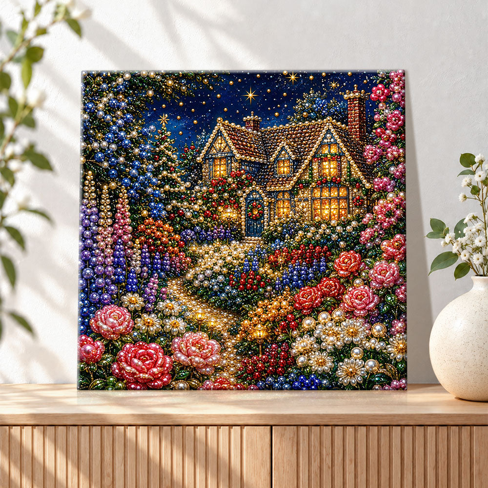 Finished starry flower garden cottage pearl diamond painting artwork displayed as holiday home decor