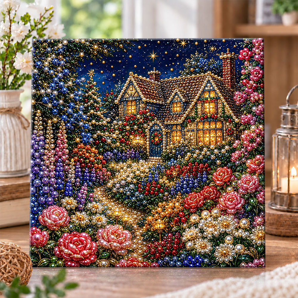 Starry flower garden cottage pearl diamond painting kit for beginners