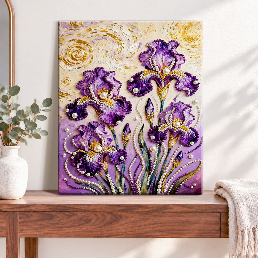 Finished starry iris blooms pearl diamond painting artwork displayed as home decor