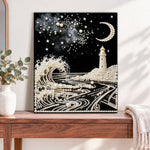 Finished starry lighthouse waves pearl diamond painting artwork displayed as home decor