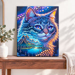 Finished starry mountain feline pearl diamond painting artwork displayed as home decor