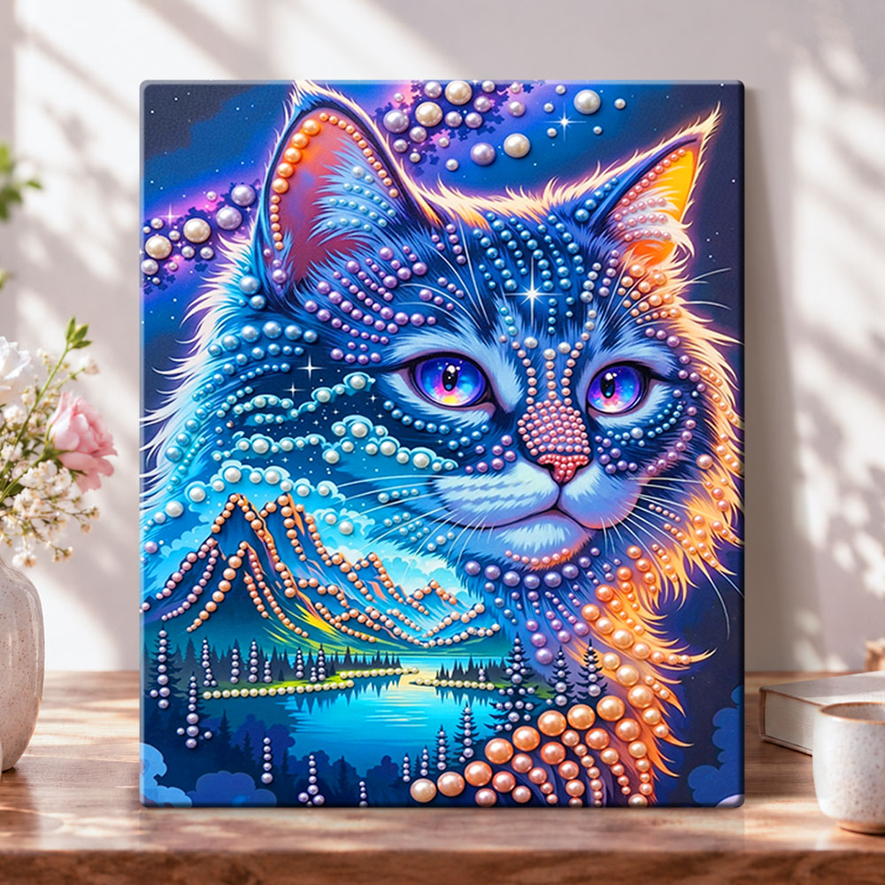 Starry mountain feline pearl diamond painting kit for beginners