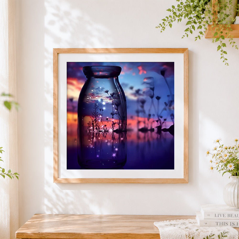 Finished starry night and wildflowers in a glass jar cross stitch artwork displayed
