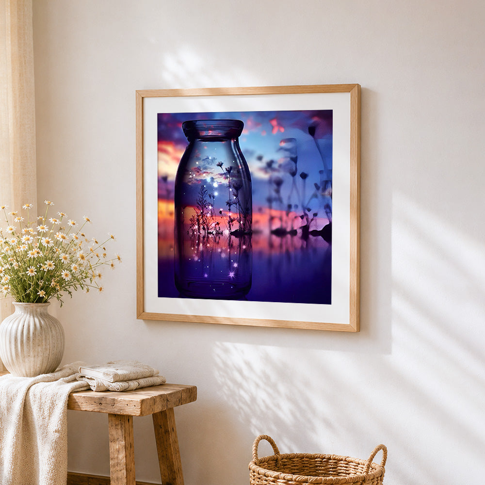 Starry night and wildflowers in a glass jar paint by numbers artwork displayed on wall as home decor