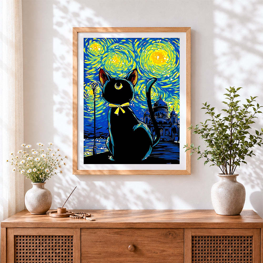 Finished starry night black cat cross stitch artwork displayed