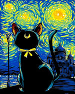 Starry night black cat cross stitch kit for beginners