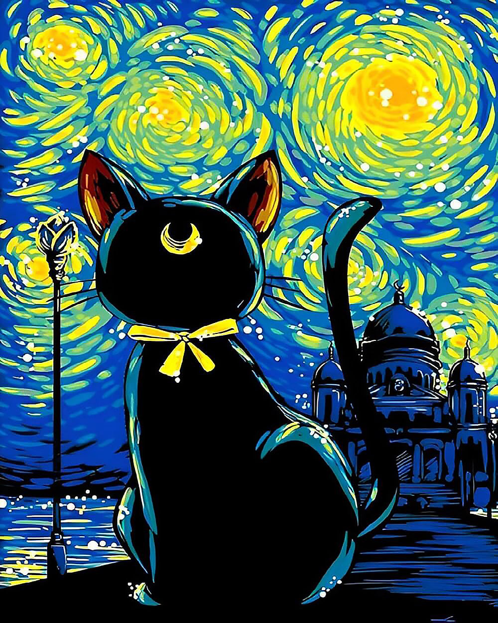 Starry night black cat cross stitch kit for beginners