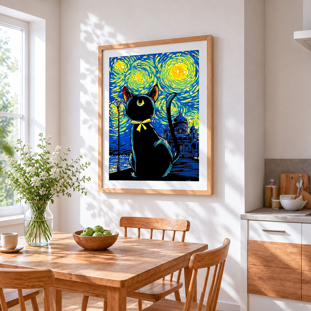 Starry night black cat cross stitch artwork displayed on wall as home decor