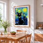 Starry night black cat cross stitch artwork displayed on wall as home decor