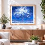 Finished starry night blossom tree cross stitch artwork displayed