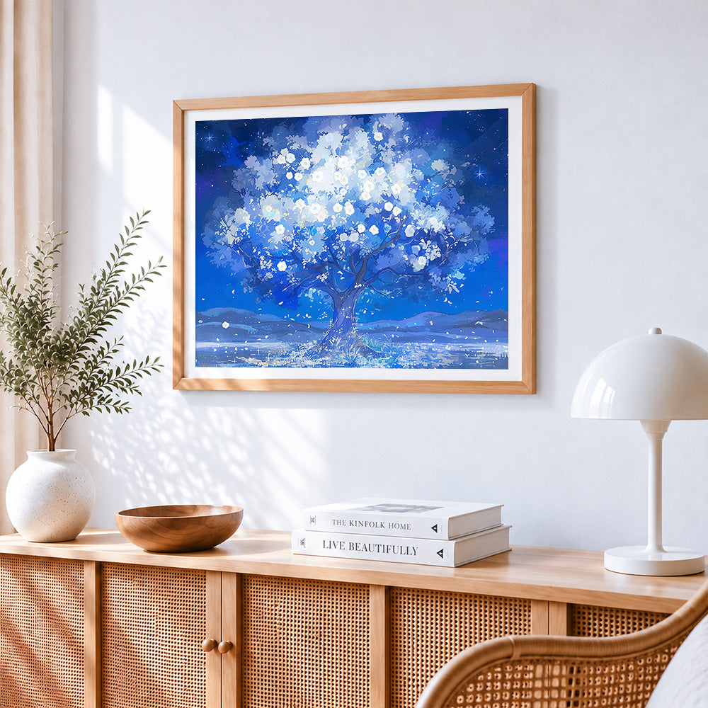 Starry night blossom tree cross stitch artwork displayed on wall as home decor